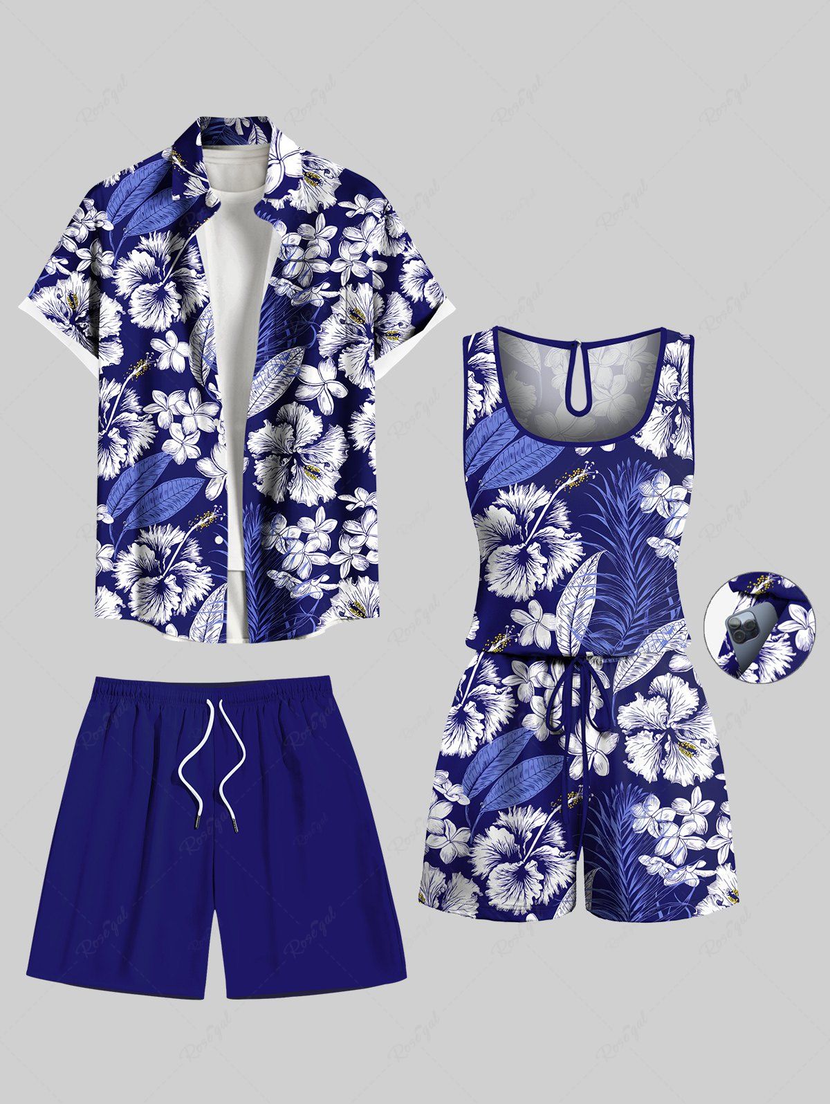 Store Tropical Flower Leaf Print Plus Size Matching Hawaii Beach Outfit For Couples  