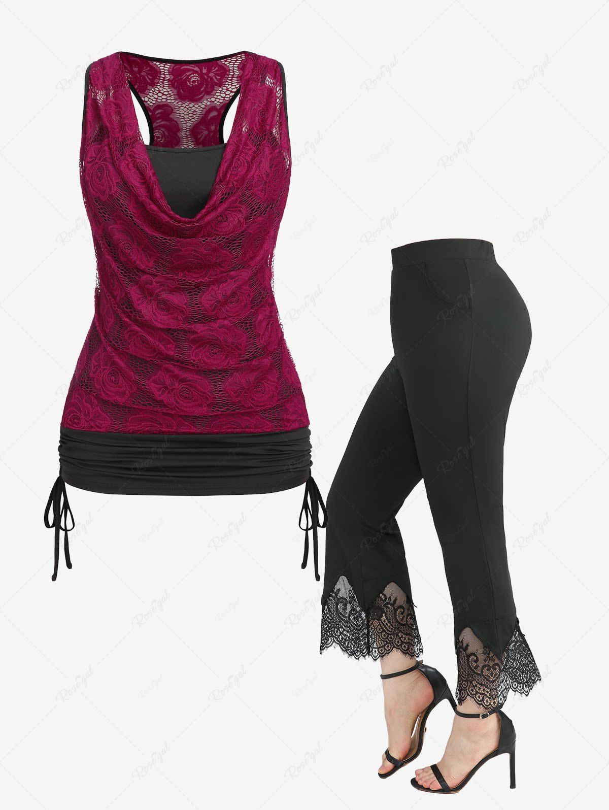 Discount Cowl Neck Rose Lace Panel Cinched Tank Top and Scalloped Floral Tassel Lace Trim Pockets Flare Pants Plus Size Bundle  