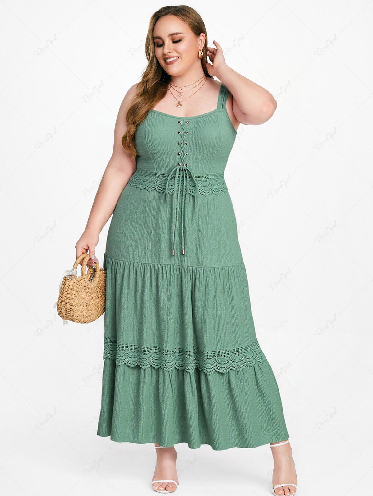 Shops Plus Size Grommets Lace-up Ruched Scalloped Lace Trim Plisse Tank Dress  