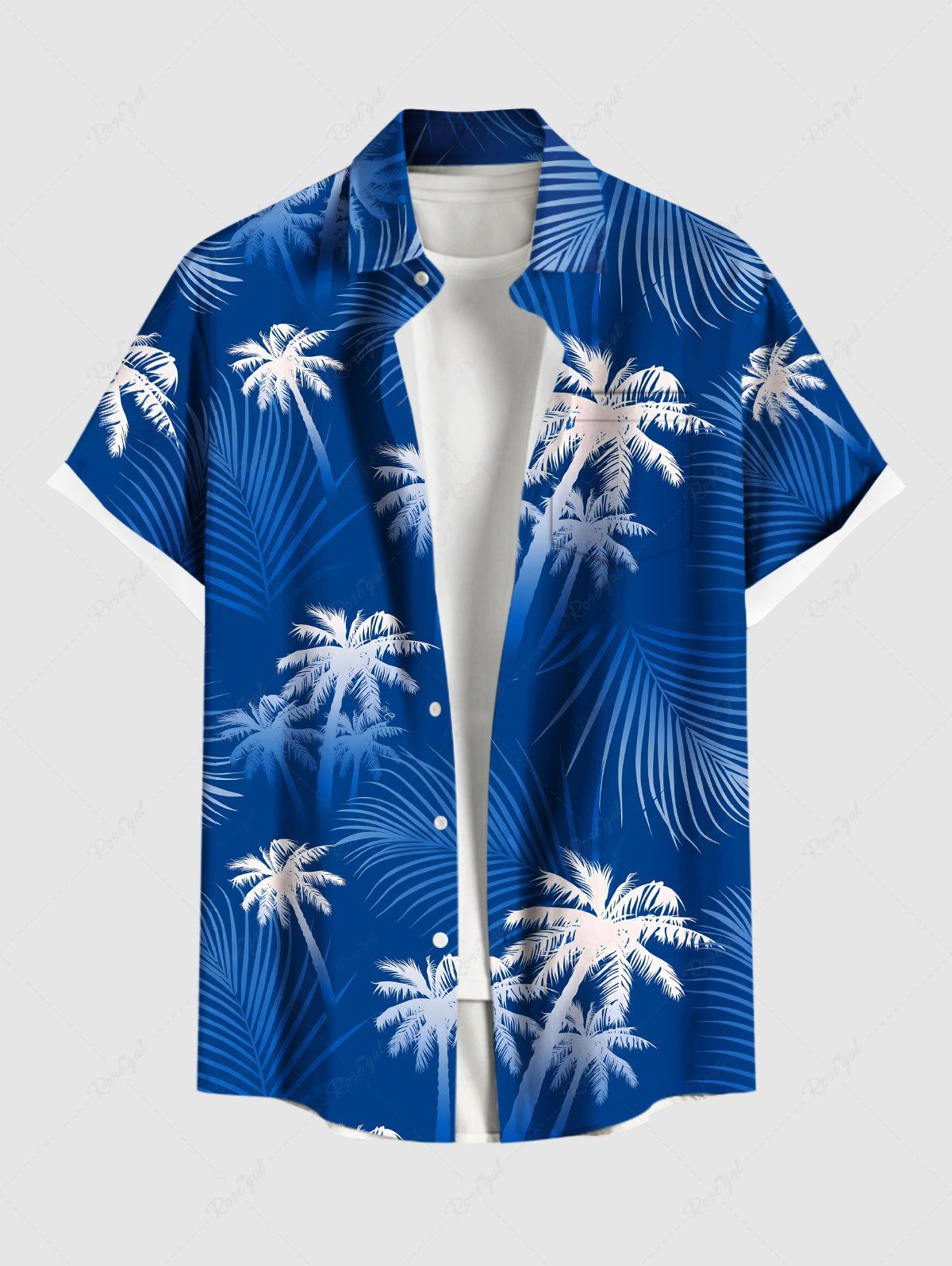 Chemise hawaïenne grande taille à imprimé feuilles tropicales et cocotiers, avec poches et boutons, pour homme Bleu 2XL
