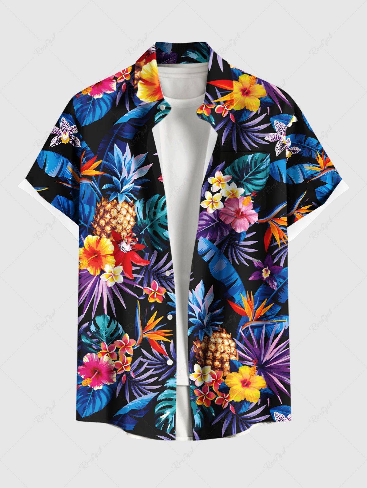 Chic Plus Size Tropical Leaf Hibiscus Flowers Pineapple Print Buttons Pocket Hawaii Shirt For Men  