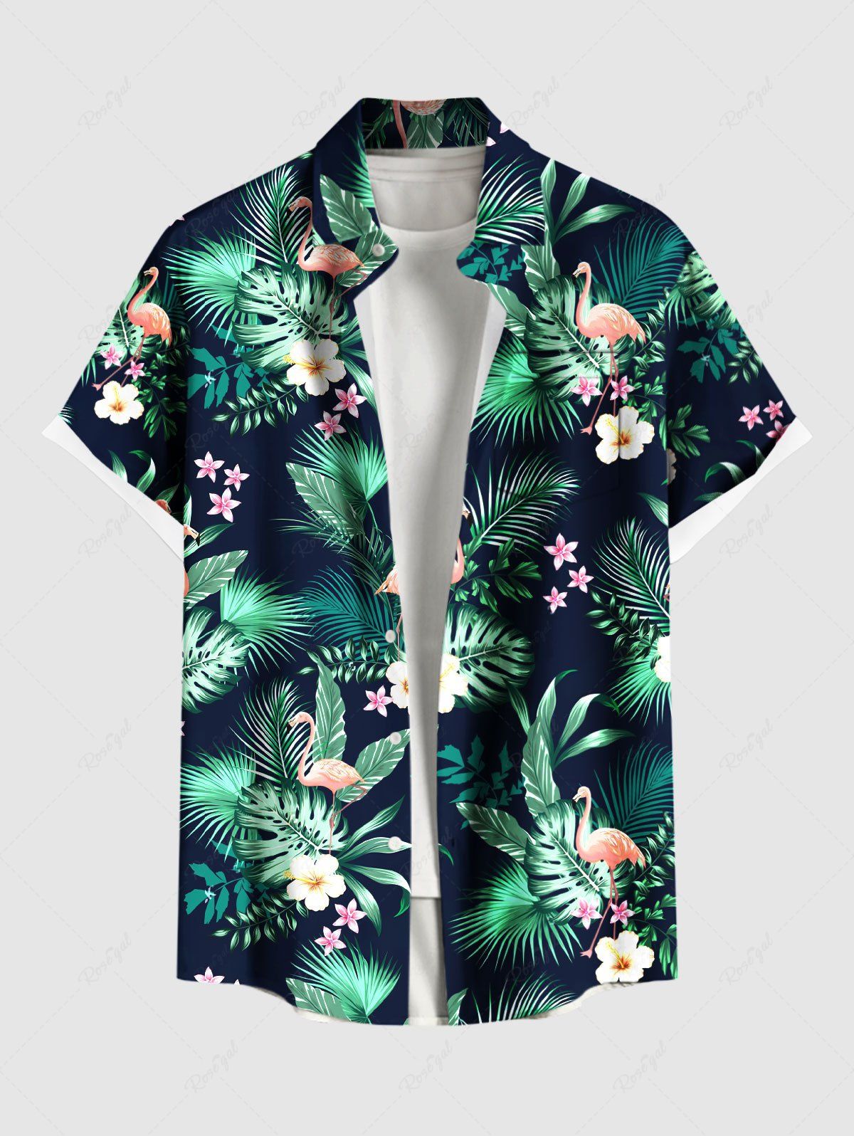 New Plus Size Tropical Leaf Flowers Flamingo Print Buttons Pocket Hawaii Shirt For Men  