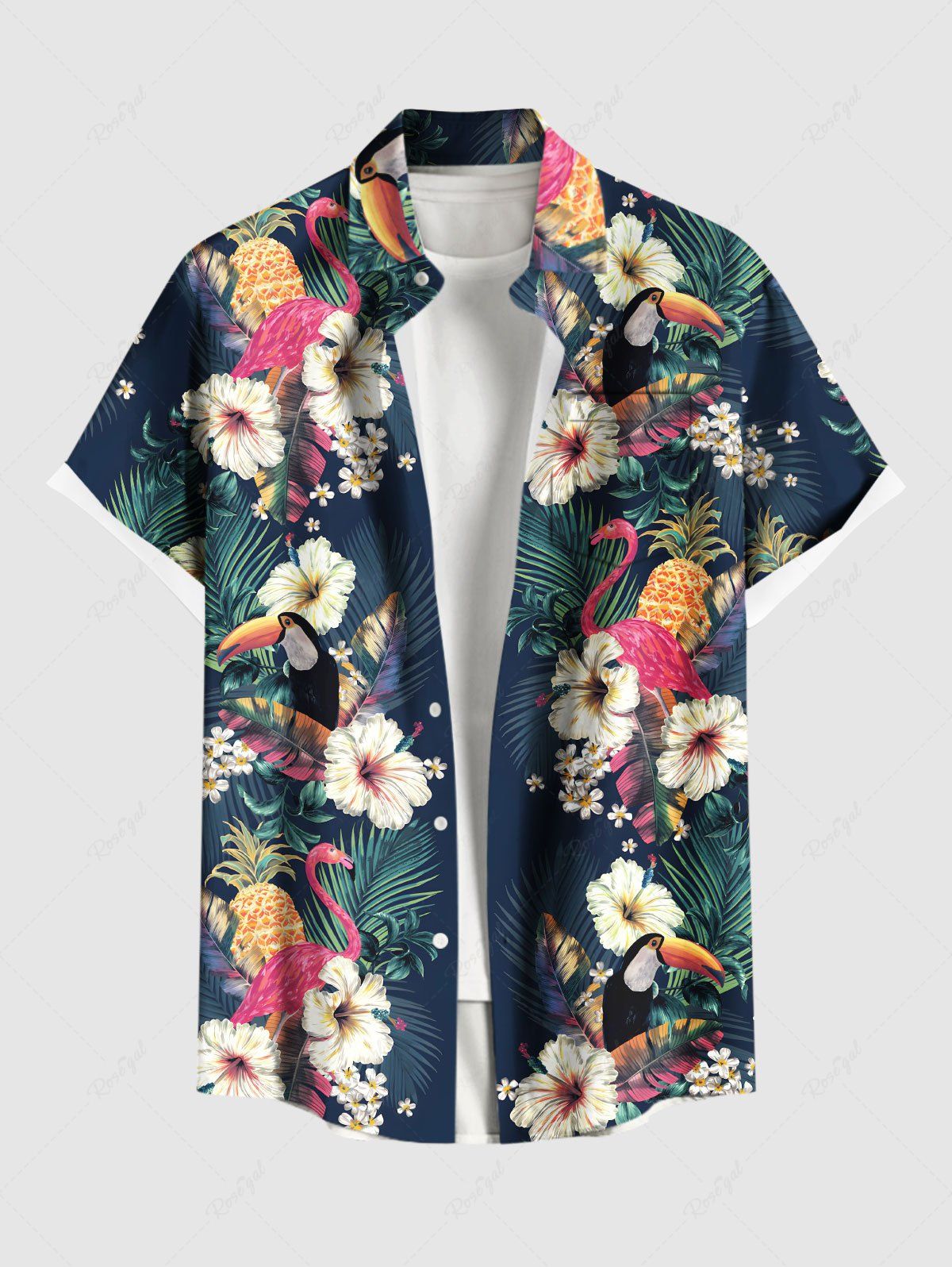Chemise hawaïenne grande taille à imprimé feuilles tropicales, hibiscus, fleurs, ananas, flamant rose, boutons et poches pour homme Vert profond XL