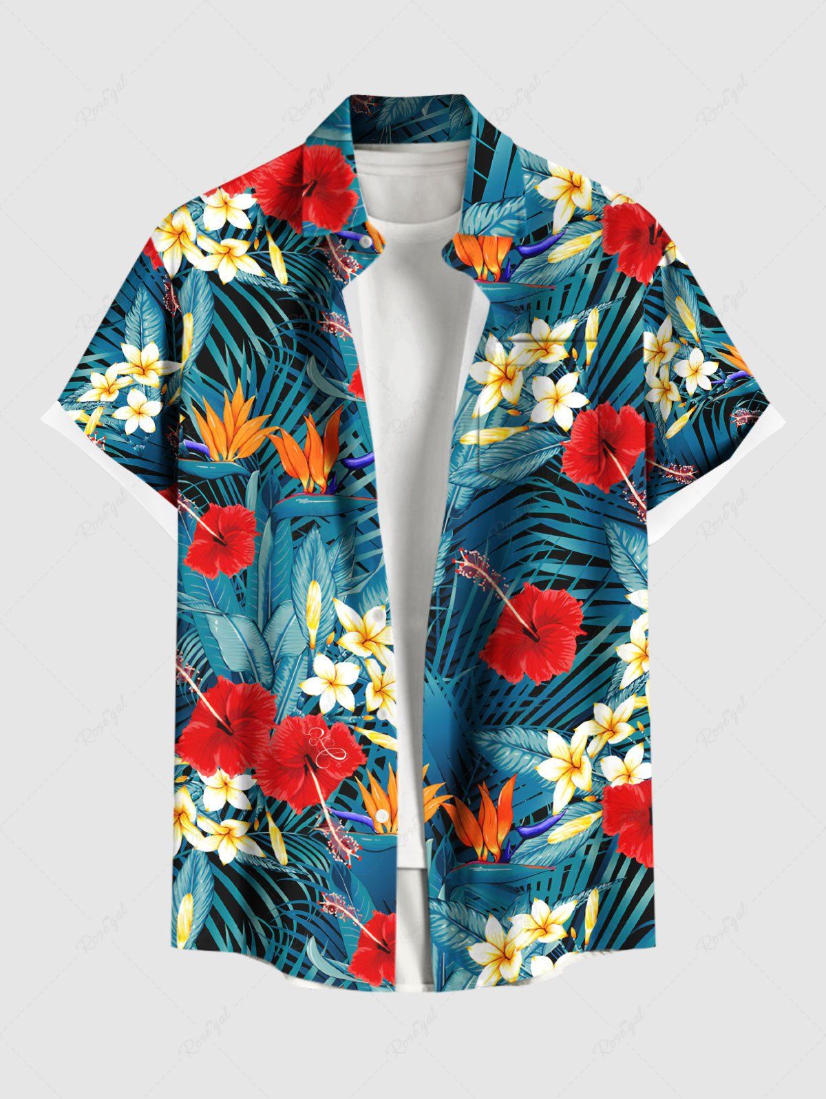 Unique Plus Size Tropical Leaf Hibiscus Flowers Print Buttons Pocket Hawaii Shirt For Men  