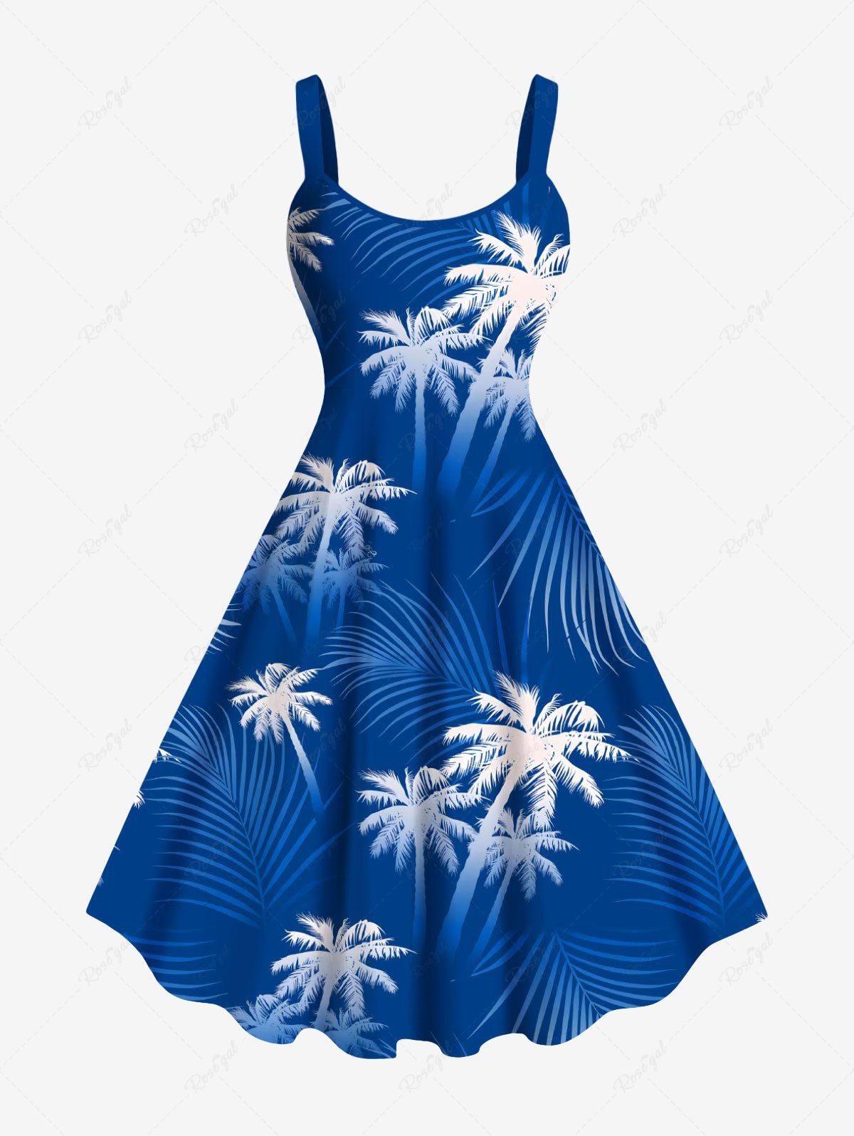 Robe débardeur hawaïenne grande taille à imprimé feuilles tropicales et cocotiers Bleu XXS