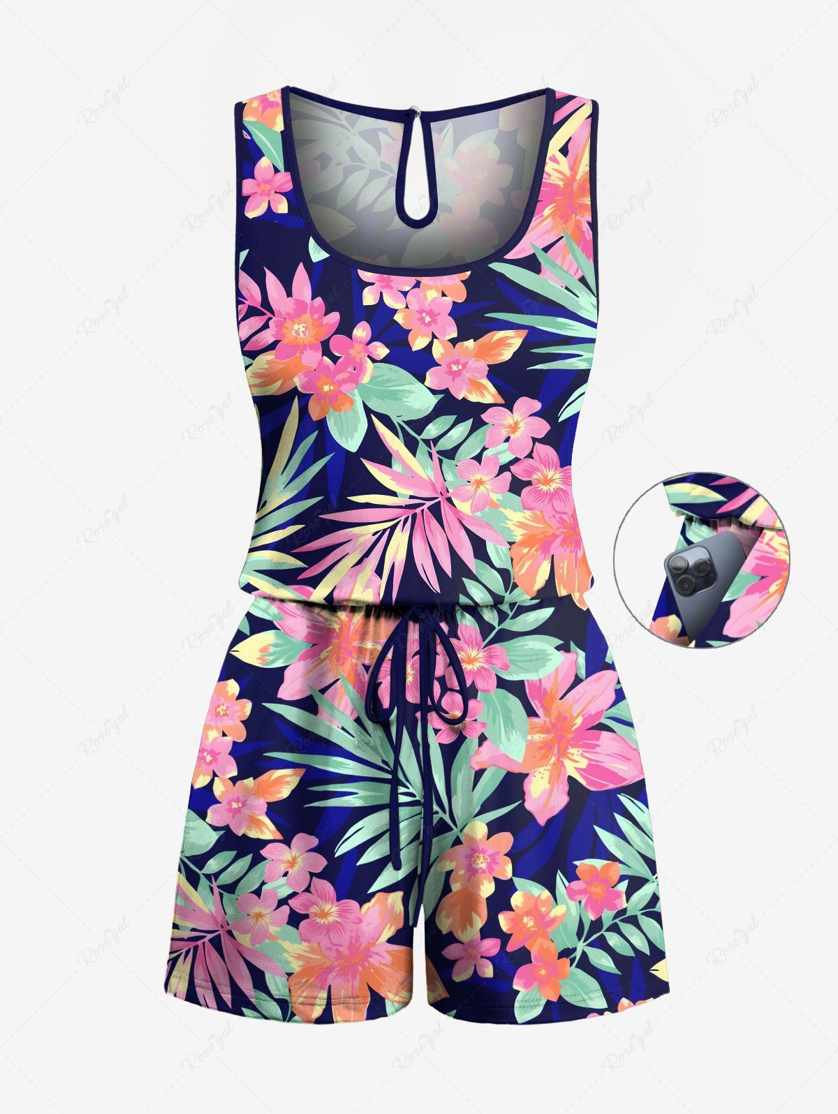 Combinaison hawaïenne cintrée grande taille à imprimé feuilles tropicales et fleurs Bleu profond L