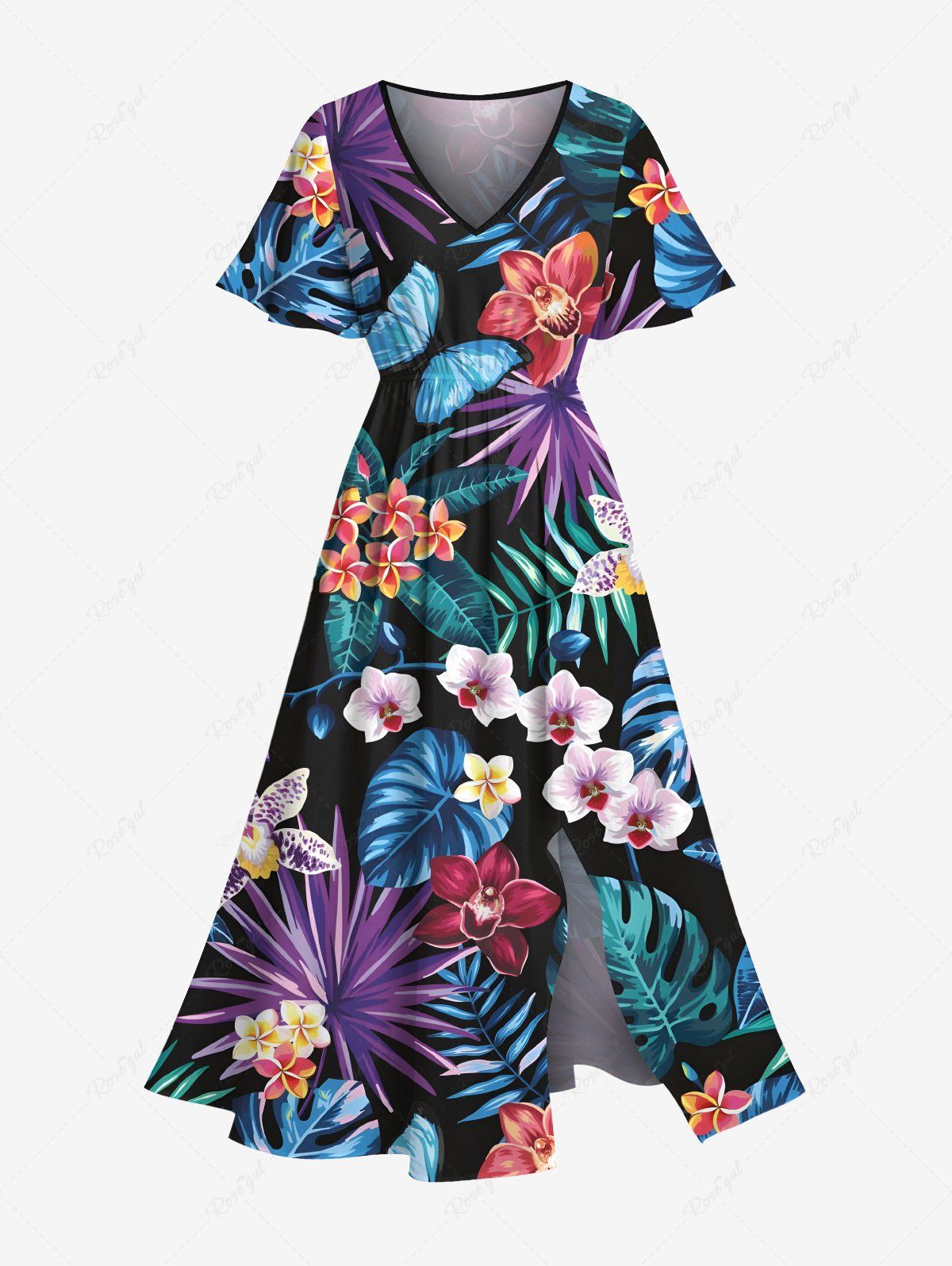Trendy Plus Size Tropical Leaf Hibiscus Flowers Butterfly Print Split Hawaii Midi Dress  