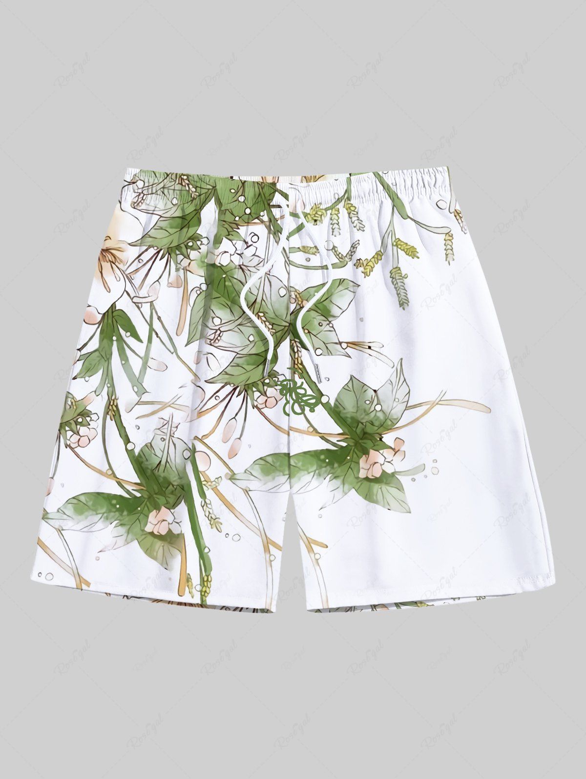 Unique Plus Size Flower Leaf Branch Print Hawaii Drawstring Beach Shorts For Men  