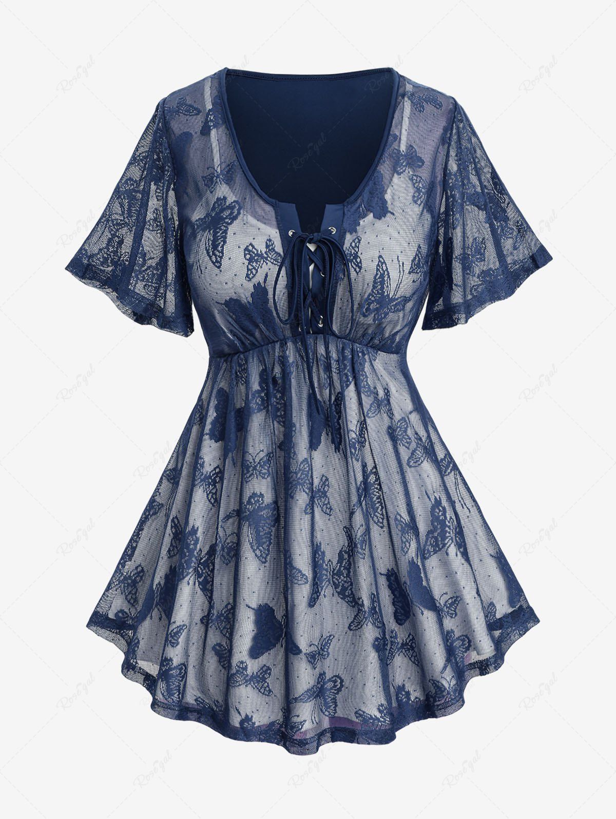 Buy Plus Size Butterfly Lace Overlay Lace-up 2 in 1 Tee  