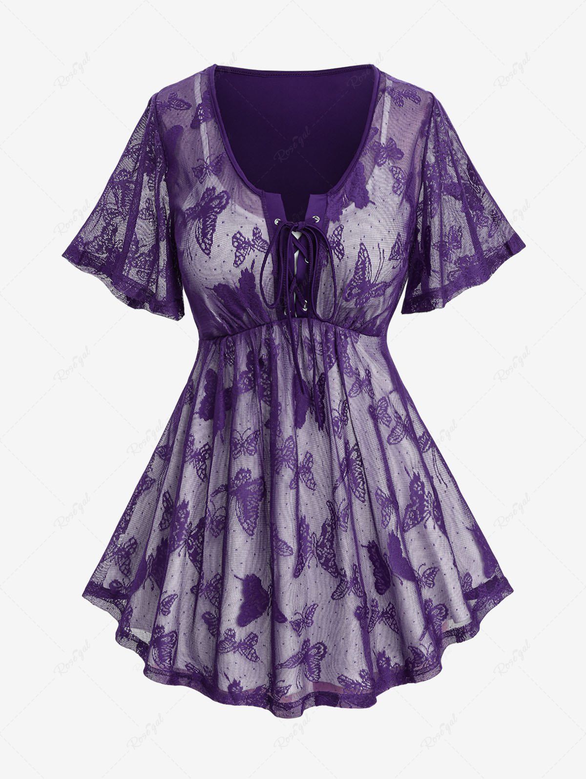 T-shirt Superposé Papillon en Dentelle 2 en 1 de Grande Taille à Lacets Pourpre  3X | US 22-24