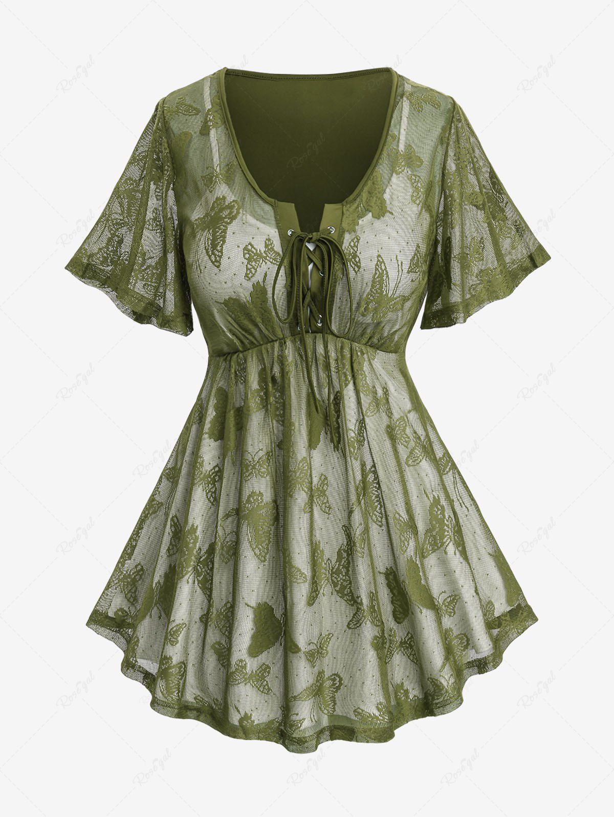 Fashion Plus Size Butterfly Lace Overlay Lace-up 2 in 1 Tee  