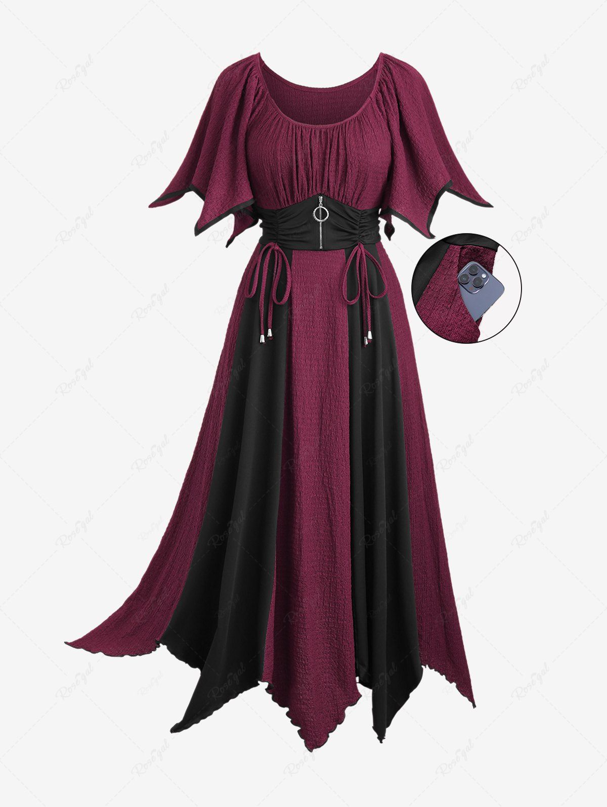 ✧ruru✧ Plus Size Zipper O-ring Waist Cinched Pocket Ruched Textured