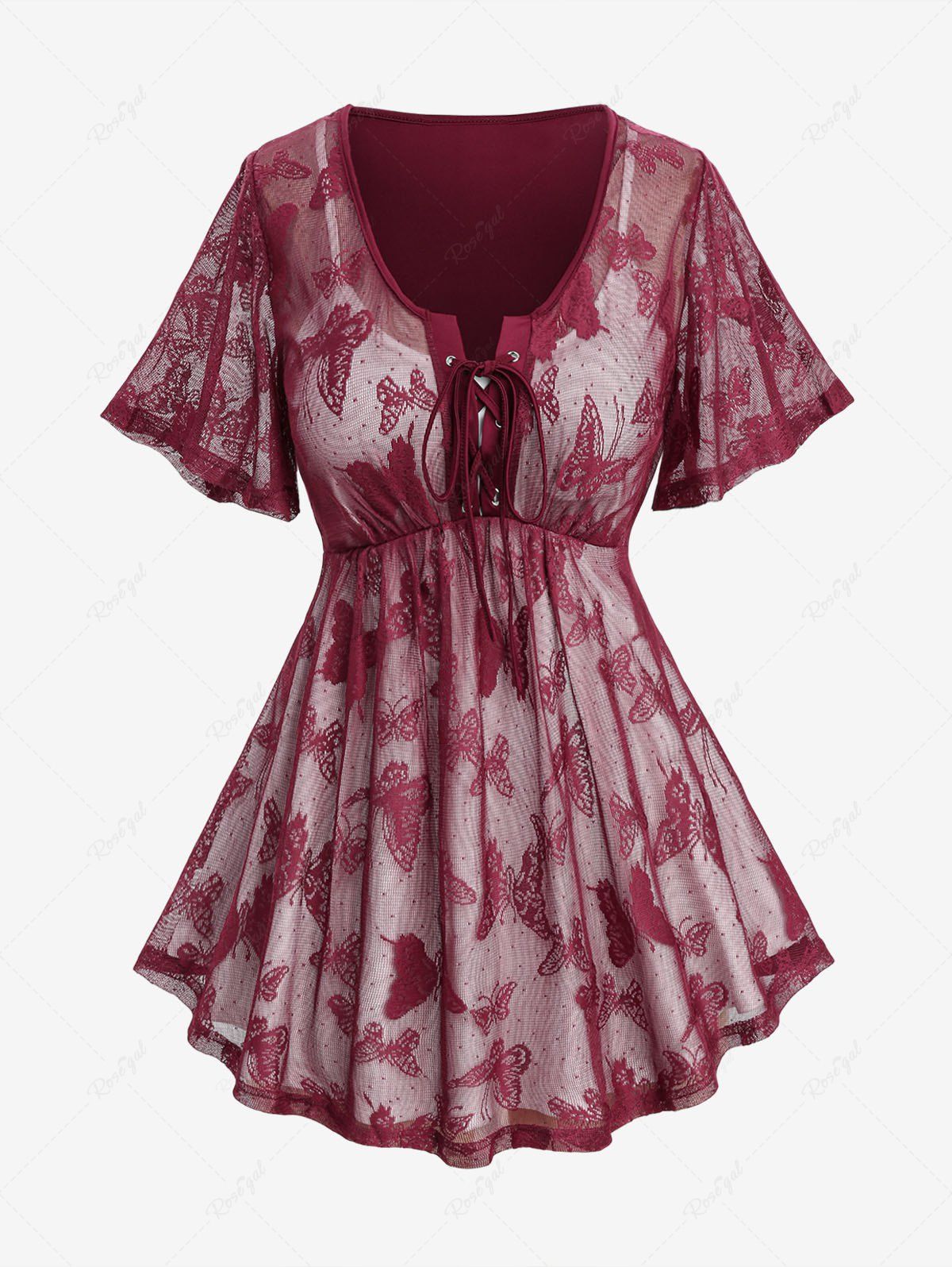 T-shirt Superposé Papillon en Dentelle 2 en 1 de Grande Taille à Lacets Rouge foncé 4X | US 26-28