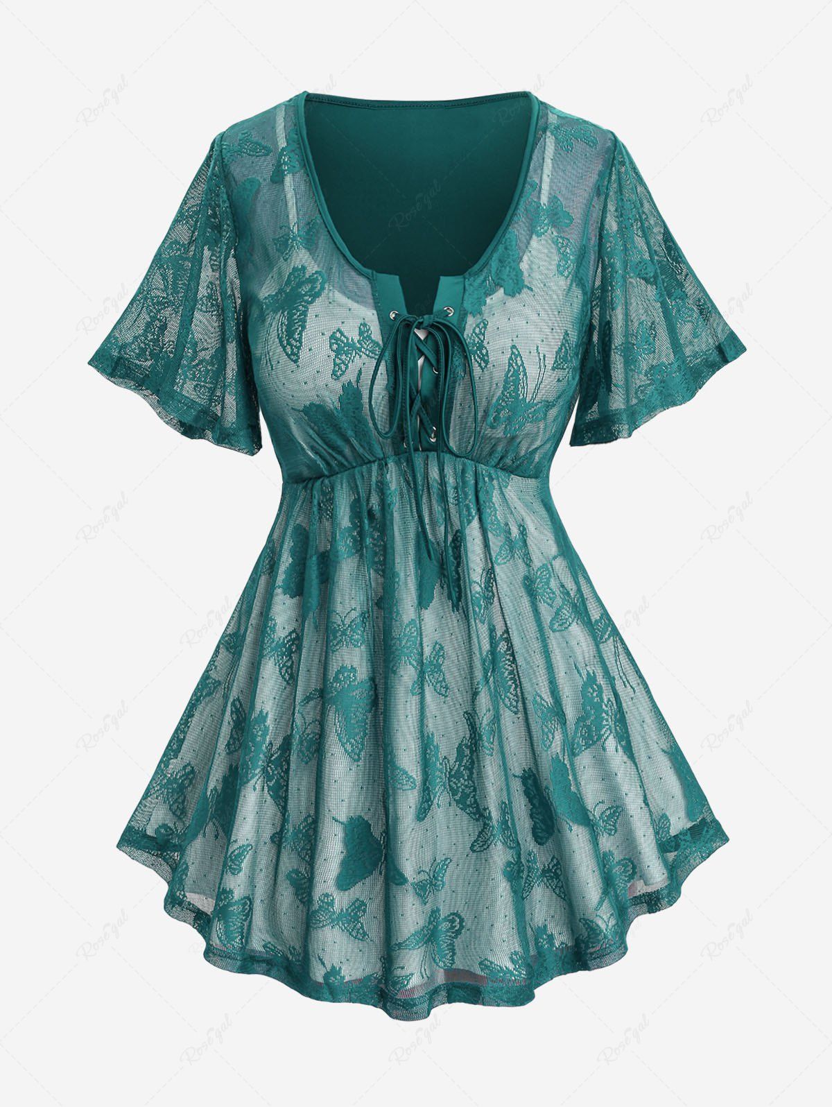 T-shirt Superposé Papillon en Dentelle 2 en 1 de Grande Taille à Lacets Vert profond 5x | US 30-32