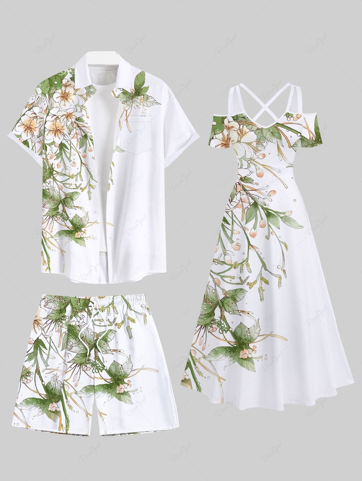 Tenue de plage hawaïenne assortie grande taille à imprimé floral et feuilles pour couples Blanc 