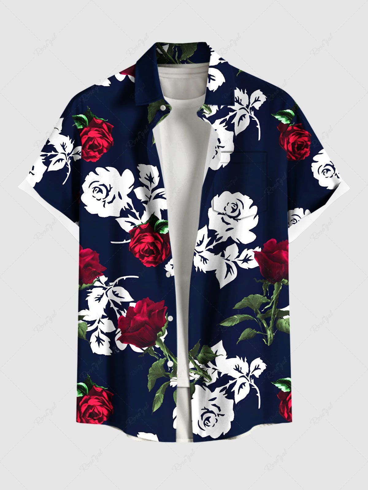 Discount Plus Size Rose Flower Leaf Print Hawaii Button Pocket Shirt For Men  