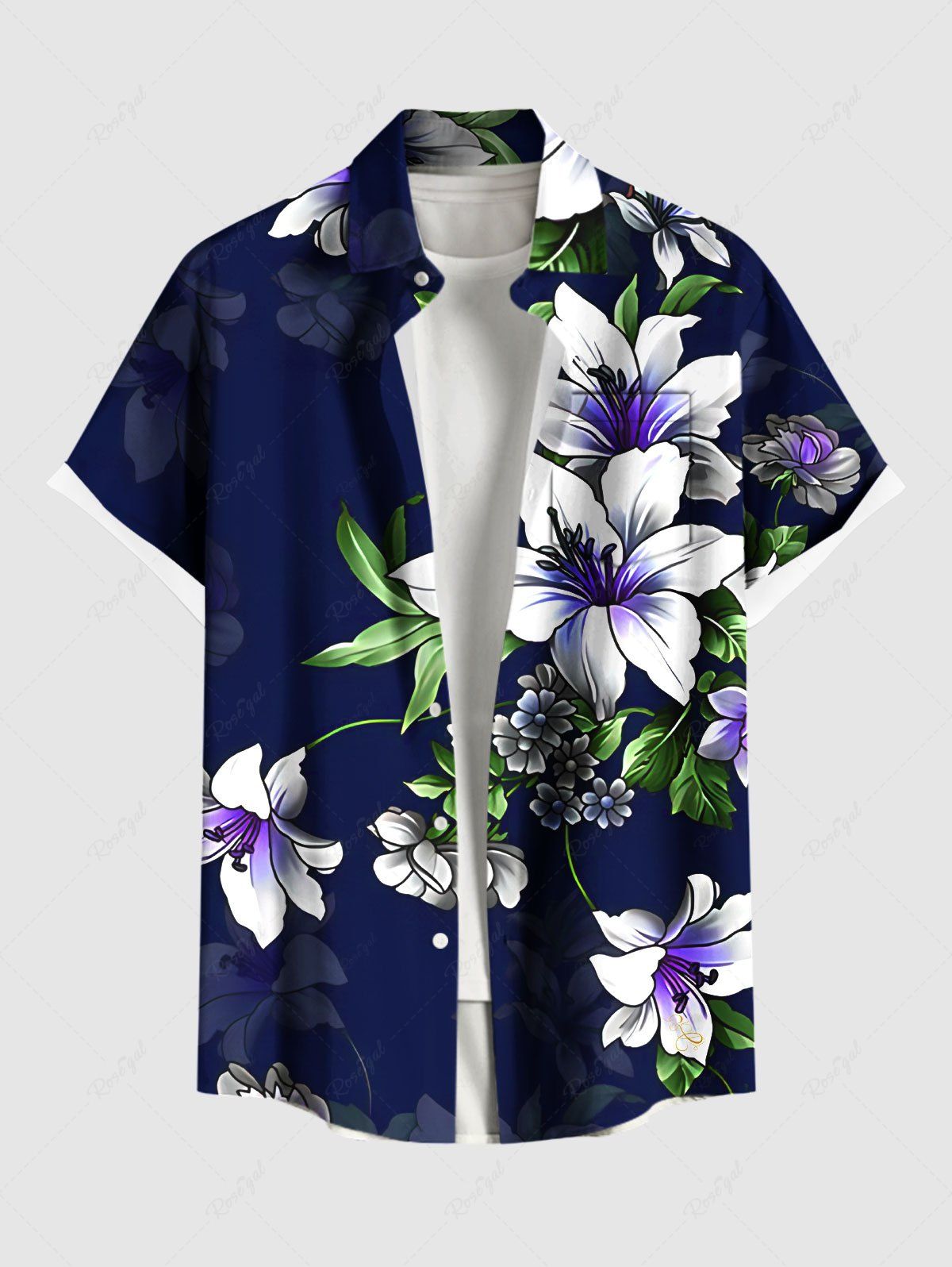 Latest Plus Size Lily Flower Leaf Print Hawaii Button Pocket Shirt For Men  