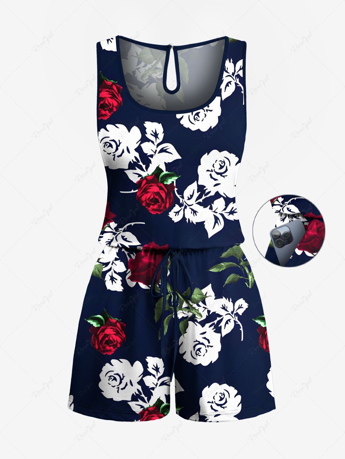 Combinaison hawaïenne grande taille à imprimé feuilles et fleurs roses avec cordon de serrage et poches Noir S
