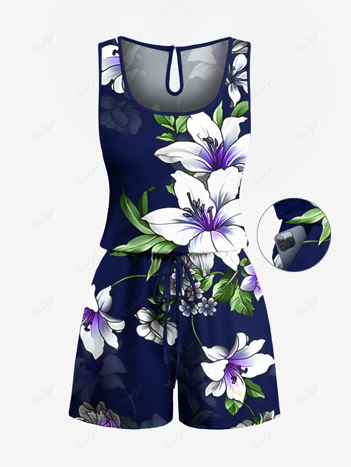 Combinaison hawaïenne grande taille à imprimé feuilles de lys et cordon de serrage avec poches Noir M