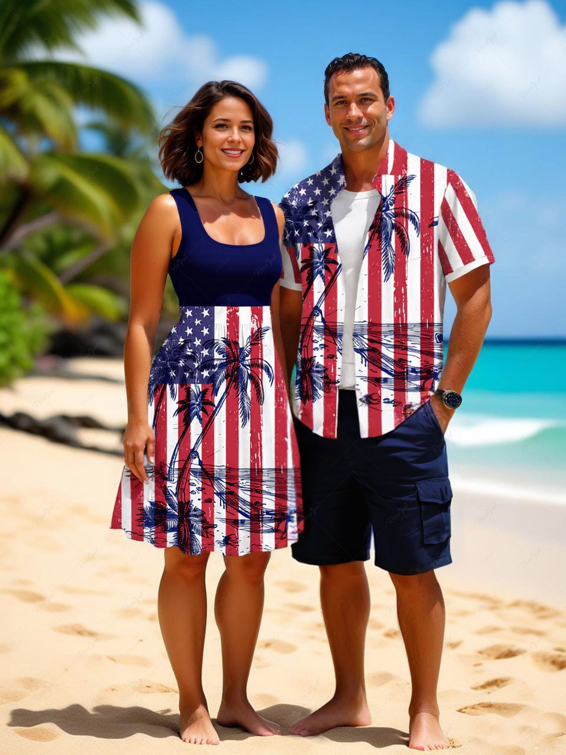 Chic Coconut Tree Sea American Flag Striped Print Plus Size Matching Hawaii Beach Outfit For Couples  