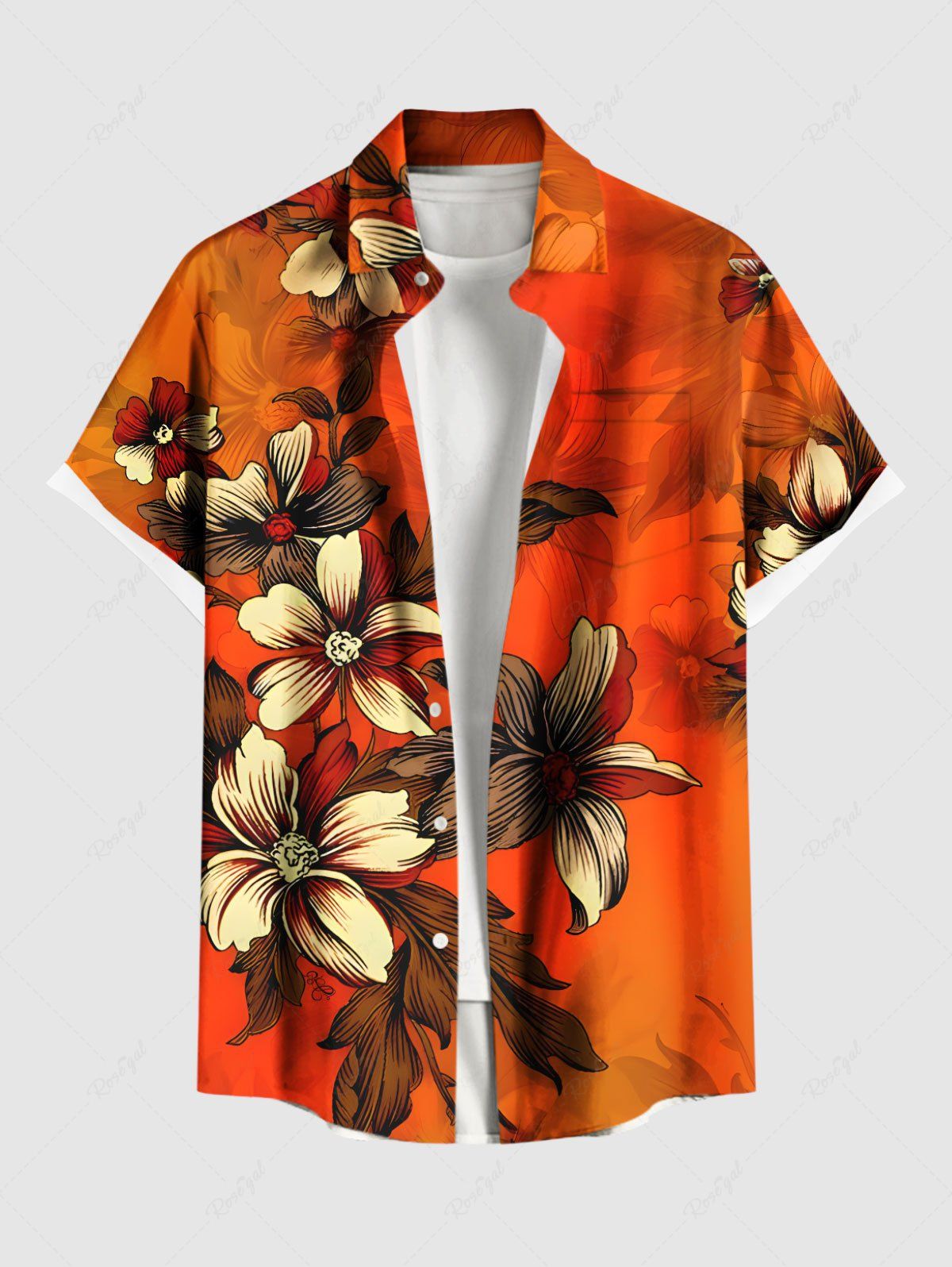 Sale Plus Size Ombre Flower Leaf Print Hawaii Button Pocket Shirt For Men  