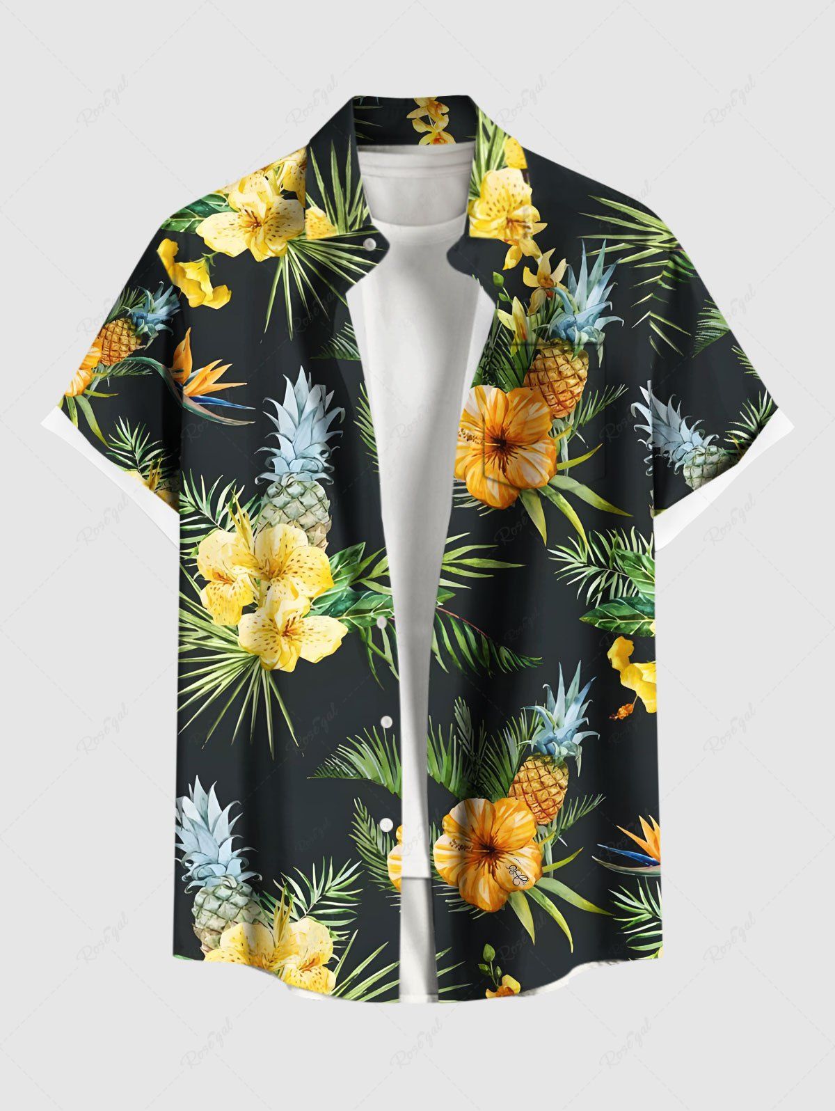 Affordable Plus Size Tropical Leaves Hibiscus Floral Pineapple Print Hawaii Button Pocket Shirt For Men  