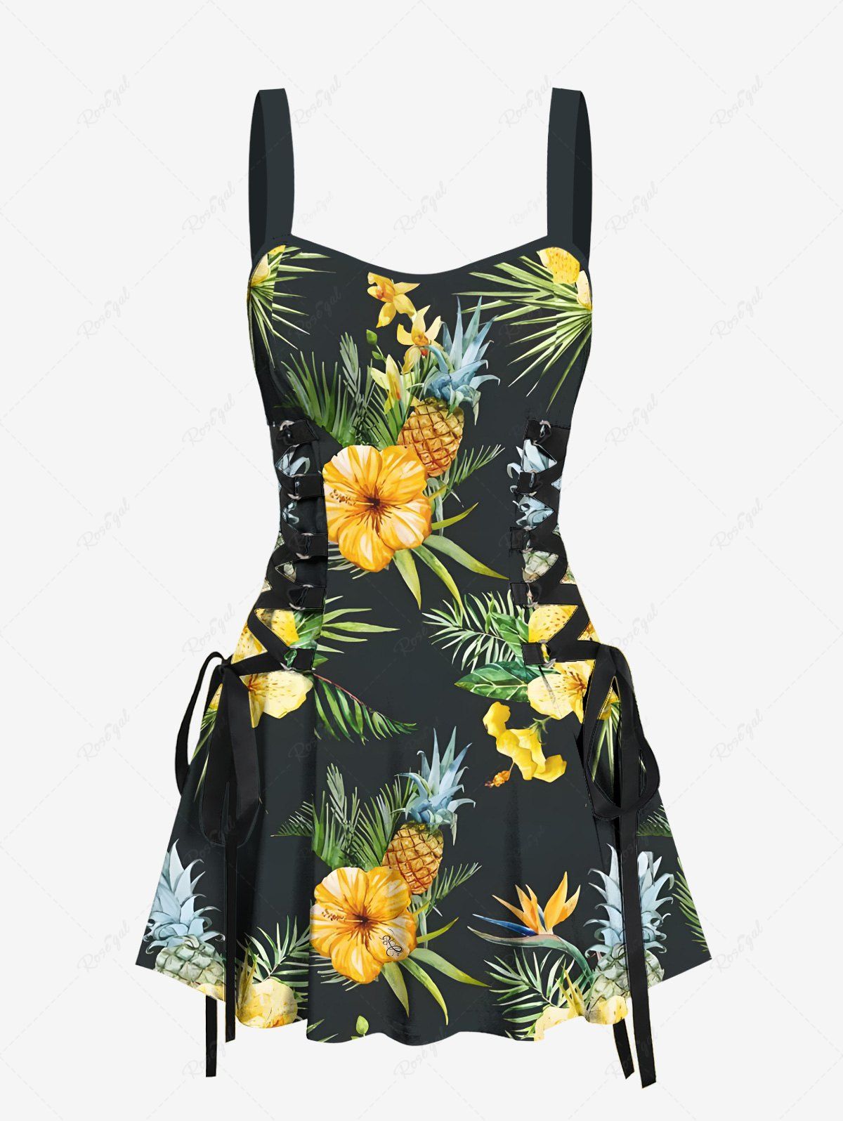 Robe débardeur trapèze à lacets, motif feuilles tropicales, hibiscus, fleurs, ananas, style hawaïen Noir L