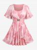 Rose Print Ruffles Tulip Hem Surplice 2 In 1 Top and Floral Gym 3D Jeggings Plus Size Outfit -  