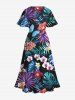 Plus Size Tropical Leaf Hibiscus Flowers Butterfly Print Split Hawaii Midi Dress -  