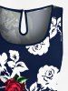 Plus Size Rose Flower Leaf Print Hawaii Drawstring Pocket Romper -  