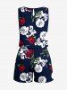 Plus Size Rose Flower Leaf Print Hawaii Drawstring Pocket Romper -  