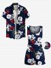 Plus Size Rose Flower Leaf Print Hawaii Drawstring Pocket Romper -  