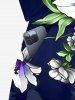 Plus Size Lily Flower Leaf Print Hawaii Drawstring Pocket Romper -  
