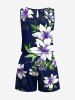 Plus Size Lily Flower Leaf Print Hawaii Drawstring Pocket Romper -  