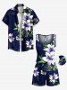 Plus Size Lily Flower Leaf Print Hawaii Drawstring Pocket Romper -  