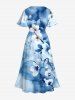 Plus Size Watercolor Tie Dye Ombre Flower Branch Print Hawaii Split Pocket A Line Midi Dress -  