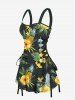 Tropical Leaves Hibiscus Floral Pineapple Print Hawaii Lace Up A Line Tank Dress -  