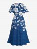 Plus Size Floral Leaves Branch Two Tone Print Hawaii Split Pocket A Line Midi Dress -  