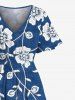 Plus Size Floral Leaves Branch Two Tone Print Hawaii Split Pocket A Line Midi Dress -  