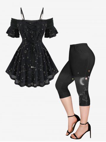 Star Stamping Lace-up Lace Trim Ruffles Cold Shoulder Top and Stars Glitter Printed Pockets Capri Leggings Plus Size Outfit - BLACK