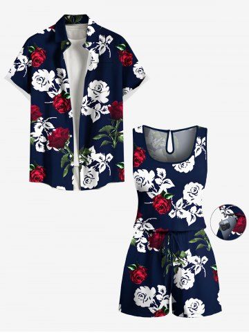 Ensemble chemise et barboteuse hawaïennes assorties, grande taille, imprimé rose, feuilles et fleurs, pour couples - BLACK