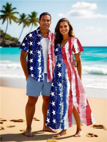 Distressed Patriotic American Flag Print Plus Size Matching Outfit For Couples - WHITE