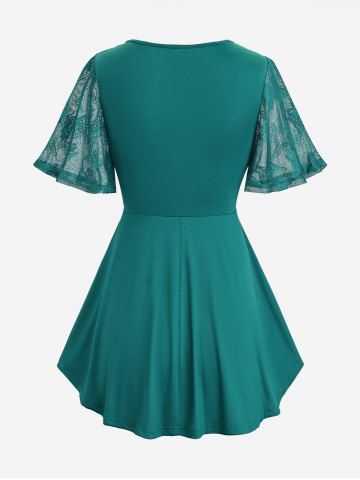 Plus Size Butterfly Lace Overlay Lace-up 2 in 1 Tee