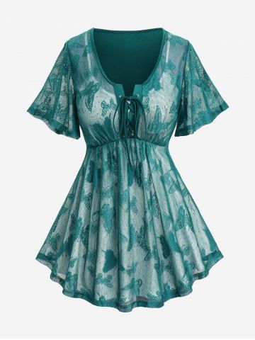 Plus Size Butterfly Lace Overlay Lace-up 2 in 1 Tee
