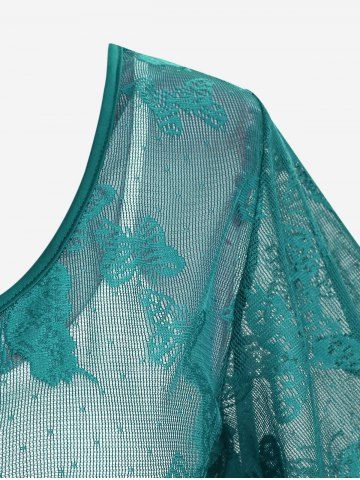 Plus Size Butterfly Lace Overlay Lace-up 2 in 1 Tee