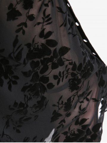 Gothic Rose Flower Lace Patchwork Top and Flocking Lace-up Grommet Pull On Flare Pants Plus Size Outfit