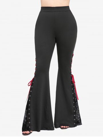Gothic Rose Flower Lace Patchwork Top and Flocking Lace-up Grommet Pull On Flare Pants Plus Size Outfit