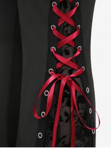 Gothic Rose Flower Lace Patchwork Top and Flocking Lace-up Grommet Pull On Flare Pants Plus Size Outfit