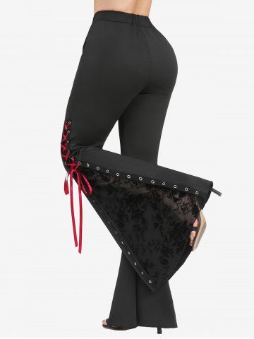 Gothic Rose Flower Lace Patchwork Top and Flocking Lace-up Grommet Pull On Flare Pants Plus Size Outfit
