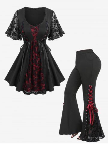 Rose Flower Lace Patchwork Top and Flocking Lace-up Grommet Pull On Flare Pants Plus Size Outfit - BLACK